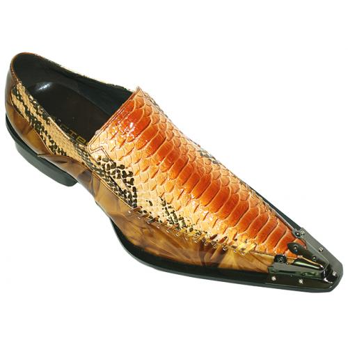 Fiesso Gold/Honey With Cognac Snake Print Pointed Toe Metal Tip Patent Wrinkle Leather Shoes FI6352